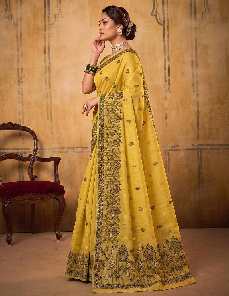 mustard yellow everyday cotton blend saree for women | auspicious festive drape