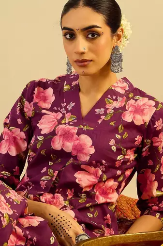 Floral Printed V-Neck Pure Cotton A-Line Kurta with Trouser