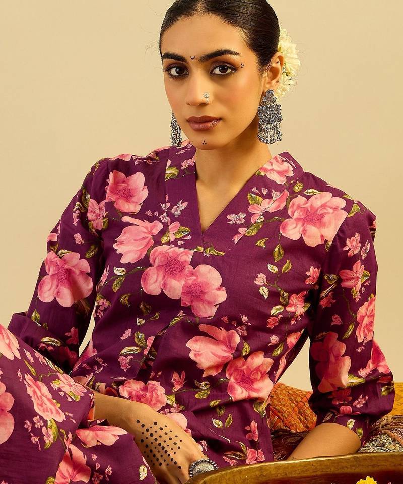 Floral Printed V-Neck Pure Cotton A-Line Kurta with Trouser