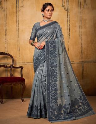 Grey soft cotton blend saree for women | sophisticated formal & party wear 1