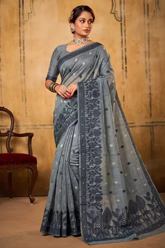 Grey soft cotton blend saree for women | sophisticated formal & party wear