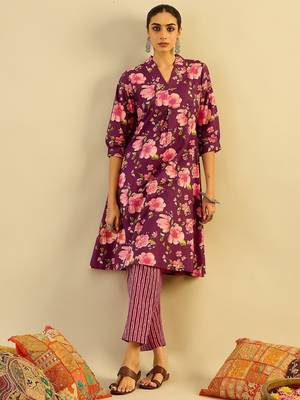 Floral Printed V-Neck Pure Cotton A-Line Kurta with Trouser 2
