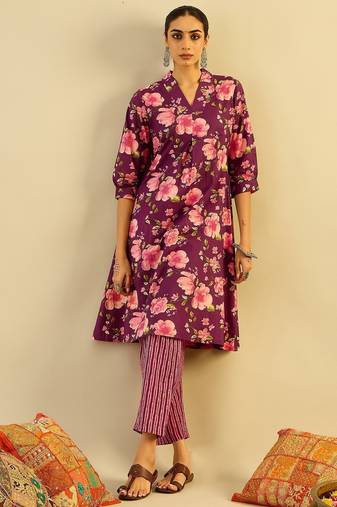 Floral Printed V-Neck Pure Cotton A-Line Kurta with Trouser