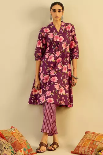 Floral Printed V-Neck Pure Cotton A-Line Kurta with Trouser