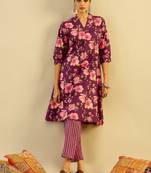 Floral Printed V-Neck  Cotton A-Line Kurta with Trouser