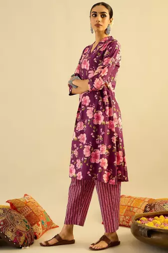 Floral Printed V-Neck Pure Cotton A-Line Kurta with Trouser
