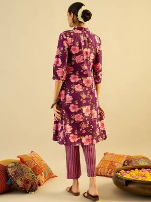 Floral Printed V-Neck Pure Cotton A-Line Kurta with Trouser 4