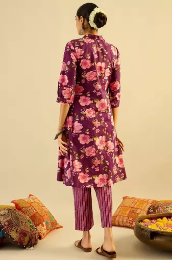 Floral Printed V-Neck Pure Cotton A-Line Kurta with Trouser