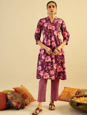 Floral Printed V-Neck Pure Cotton A-Line Kurta with Trouser 5