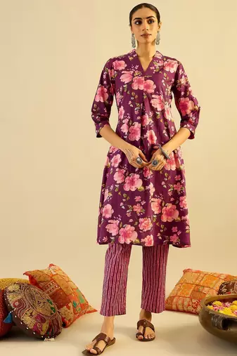 Floral Printed V-Neck Pure Cotton A-Line Kurta with Trouser