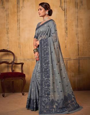 Grey soft cotton blend saree for women | sophisticated formal & party wear 3