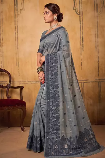 Grey soft cotton blend saree for women | sophisticated formal & party wear