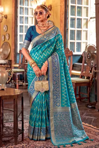 teal blue banarasi silk blend saree for women | premium wedding & festive ethnic wear