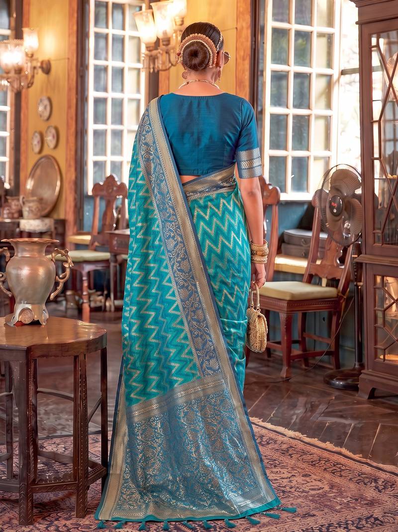 teal blue banarasi silk blend saree for women | premium wedding & festive ethnic wear