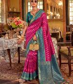 rani pink banarasi silk blend saree with teal border | women's royal wedding attire