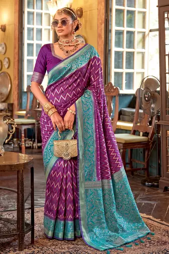 purple banarasi silk blend saree with contrast border | premium festive party wear
