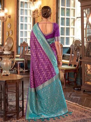 purple banarasi silk blend saree with contrast border | premium festive party wear 2