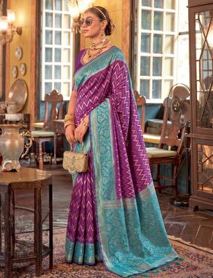 purple banarasi silk blend saree with contrast border | premium festive party wear 3