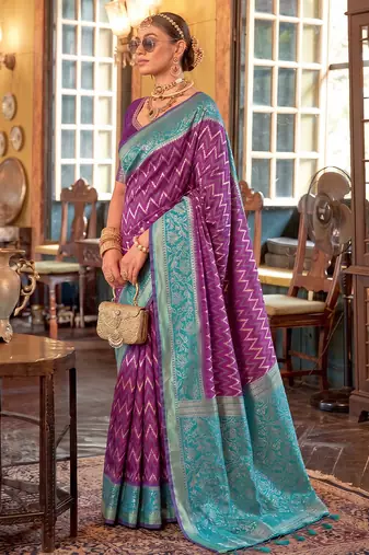 purple banarasi silk blend saree with contrast border | premium festive party wear