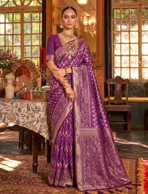 regal purple banarasi silk blend saree | heavy zari woven festive & wedding drape 1