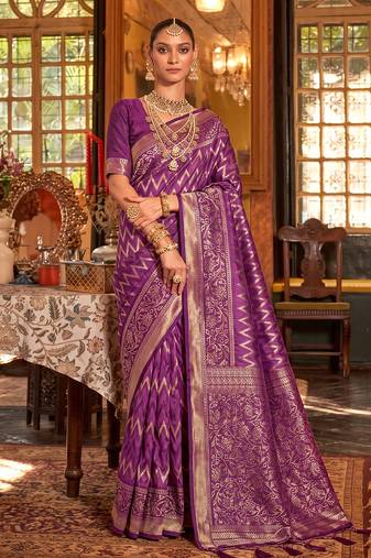 regal purple banarasi silk blend saree | heavy zari woven festive & wedding drape