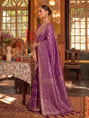 regal purple banarasi silk blend saree | heavy zari woven festive & wedding drape 2