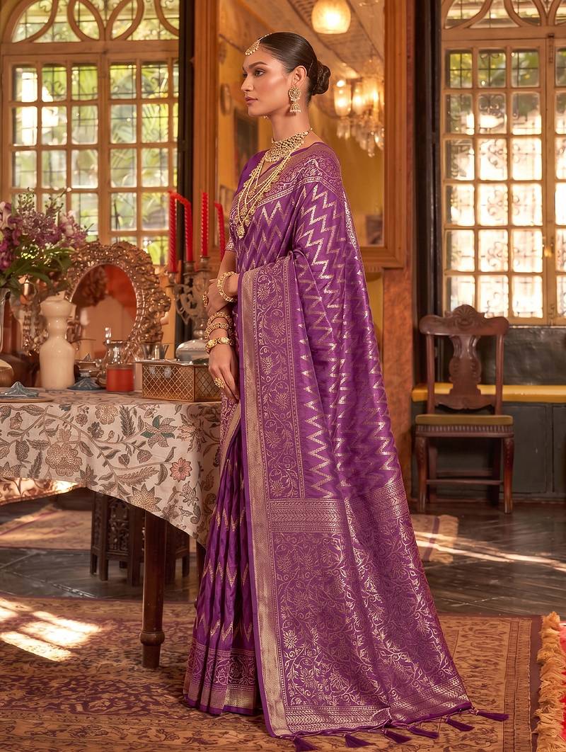 regal purple banarasi silk blend saree | heavy zari woven festive & wedding drape