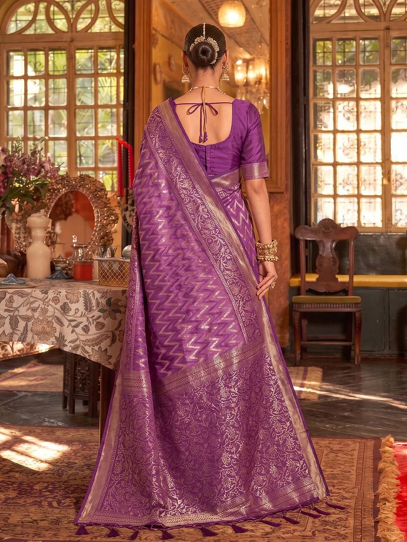 regal purple banarasi silk blend saree | heavy zari woven festive & wedding drape