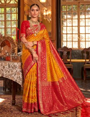 mustard & red banarasi silk blend saree | classic bridal & wedding ethnic wear 1