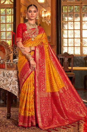 mustard & red banarasi silk blend saree | classic bridal & wedding ethnic wear