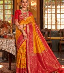 mustard & red banarasi silk blend saree | classic bridal & wedding ethnic wear