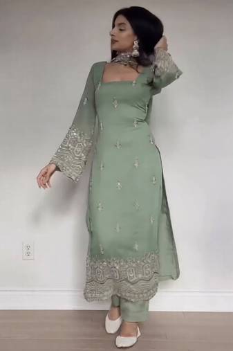 Embroidery Faux Georgette Fabric Straight Kurta Pant and Dupatta Set