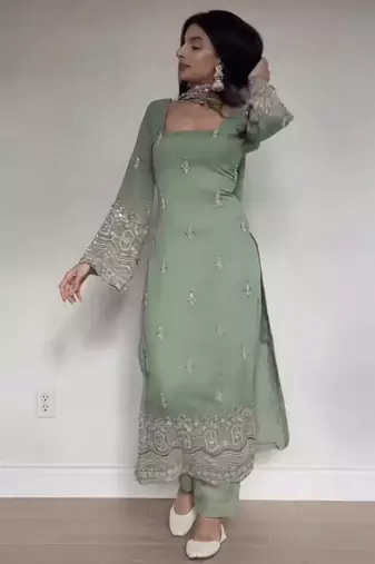 Embroidery Faux Georgette Fabric Straight Kurta Pant and Dupatta Set