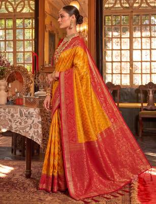 mustard & red banarasi silk blend saree | classic bridal & wedding ethnic wear 2