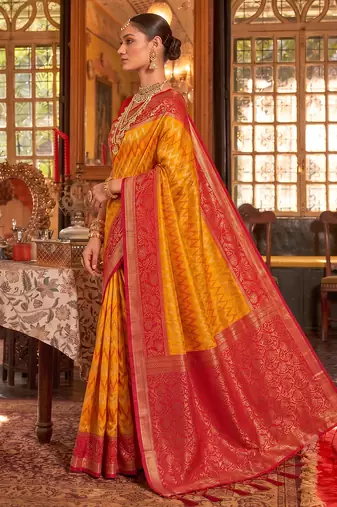 mustard & red banarasi silk blend saree | classic bridal & wedding ethnic wear