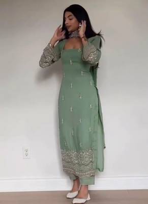 Embroidery Faux Georgette Fabric Straight Kurta Pant and Dupatta Set 2