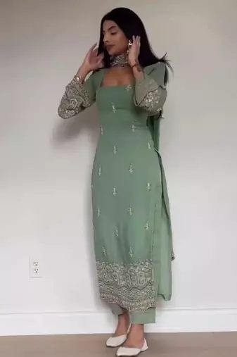 Embroidery Faux Georgette Fabric Straight Kurta Pant and Dupatta Set
