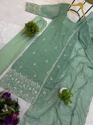 Embroidery Faux Georgette Fabric Straight Kurta Pant and Dupatta Set 3