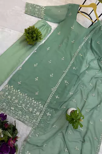 Embroidery Faux Georgette Fabric Straight Kurta Pant and Dupatta Set