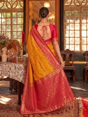mustard & red banarasi silk blend saree | classic bridal & wedding ethnic wear 3