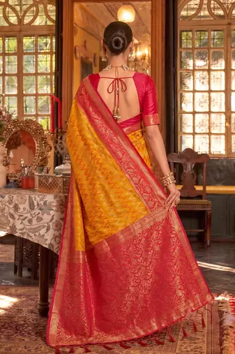 mustard & red banarasi silk blend saree | classic bridal & wedding ethnic wear