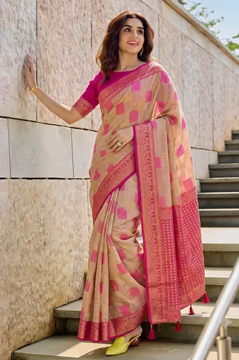 beige cotton blend saree for women | pink border festive & party ethnic wear