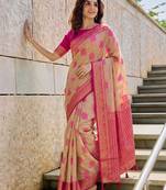 beige cotton blend saree for women | pink border festive & party ethnic wear