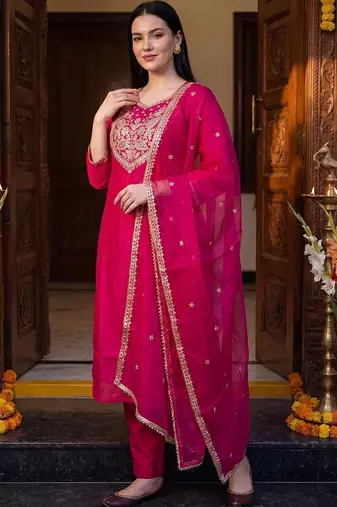 Women Ethnic Motifs Embroidered Regular Thread Work Kurta with Trousers & With Dupatta