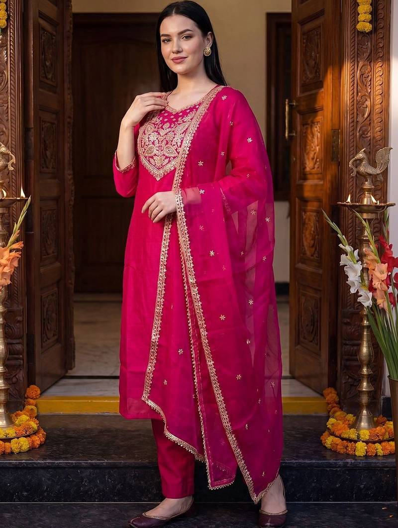 Women Ethnic Motifs Embroidered Regular Thread Work Kurta with Trousers & With Dupatta
