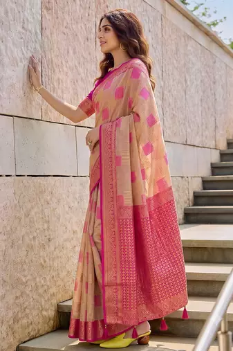 beige cotton blend saree for women | pink border festive & party ethnic wear