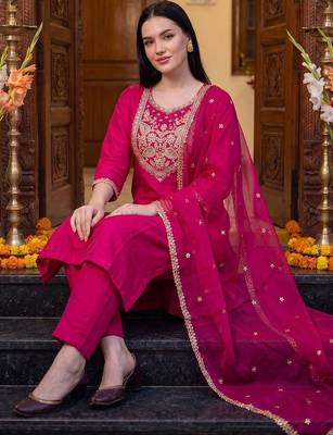 Women Ethnic Motifs Embroidered Regular Thread Work Kurta with Trousers & With Dupatta 2
