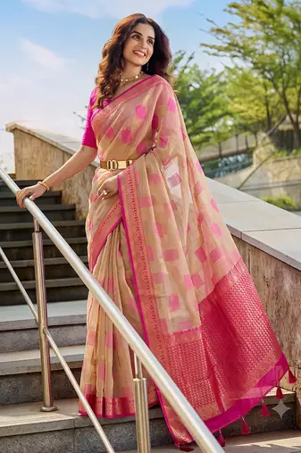 beige cotton blend saree for women | pink border festive & party ethnic wear