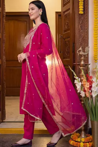 Women Ethnic Motifs Embroidered Regular Thread Work Kurta with Trousers & With Dupatta