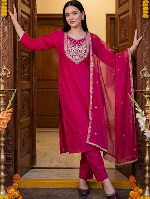 Women Ethnic Motifs Embroidered Regular Thread Work Kurta with Trousers & With Dupatta 5